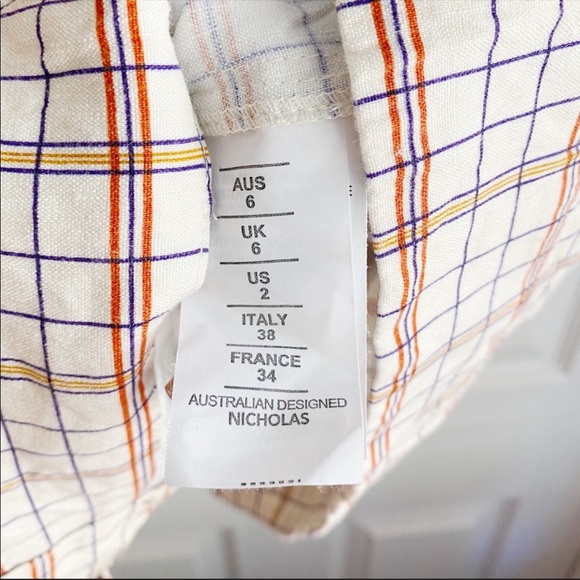 Nicholas Plaid Button Front Puff Sleeve Mini Dress Linen Blend Cream Red Size 2 - Picture 7 of 12